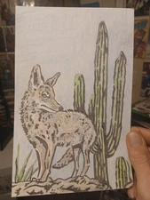 Coyote In Desert Cactus Western Drawing