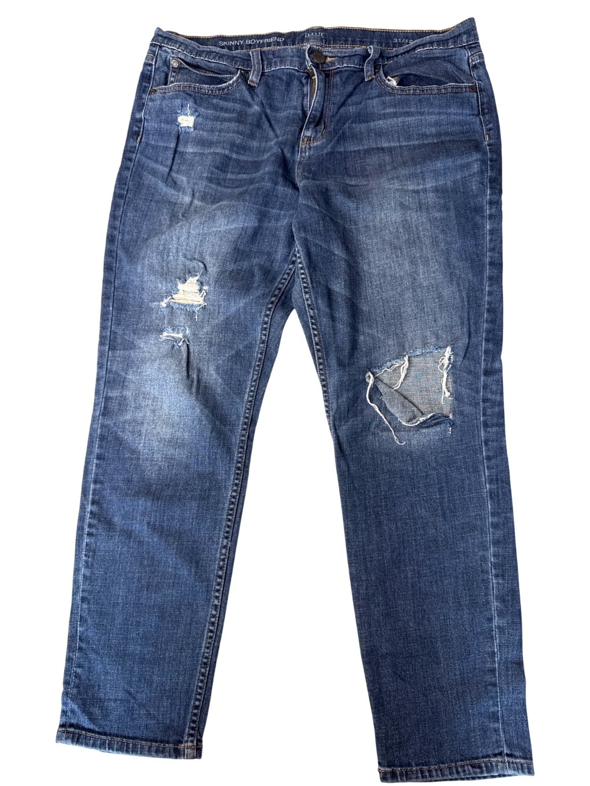 Ana Skinny Boyfriend Distressed Jeans Mid-Rise Blue Denim W/Ripped Details 31/12
