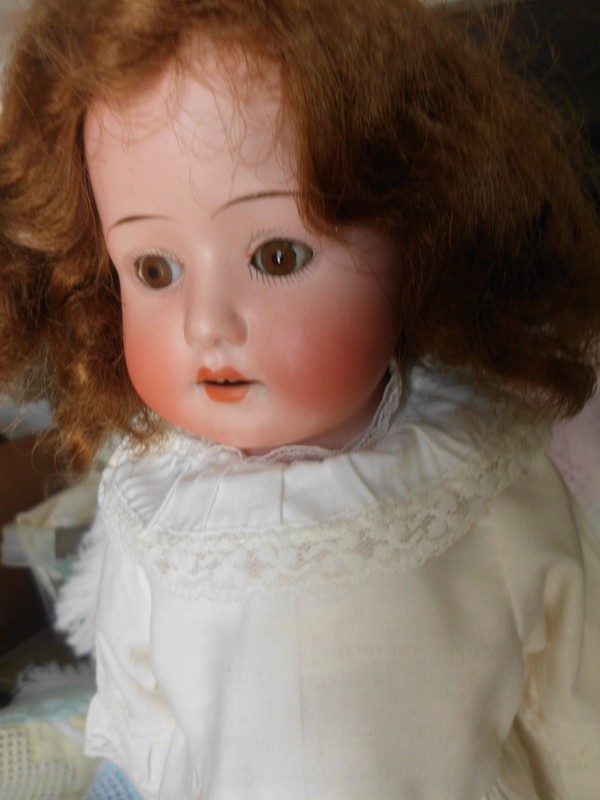 VINTAGE ANTIQUE HEUBACH KLOPPELSDORF DOLL 17" PORCELAIN HEAD & HAND LEATHER BODY