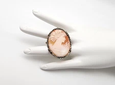 VINTAGE 800 SILVER HAND CARVED SHELL CAMEO DETAILED PIN/PENDANT W/ MARCASITES !!