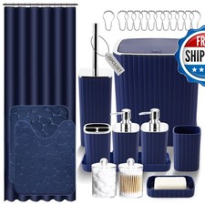 XLHOMO Navy Blue Bathroom Set with Shower Curtain and Rugs