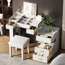 Vanity Desk with Flip-Top Mirror, Adjustable Length & Ample Drawers, White