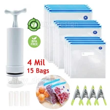 15pcs Reusable Vacuum Sealer Bags with Hand Pump Food Storage Bags 4mil BPA Free