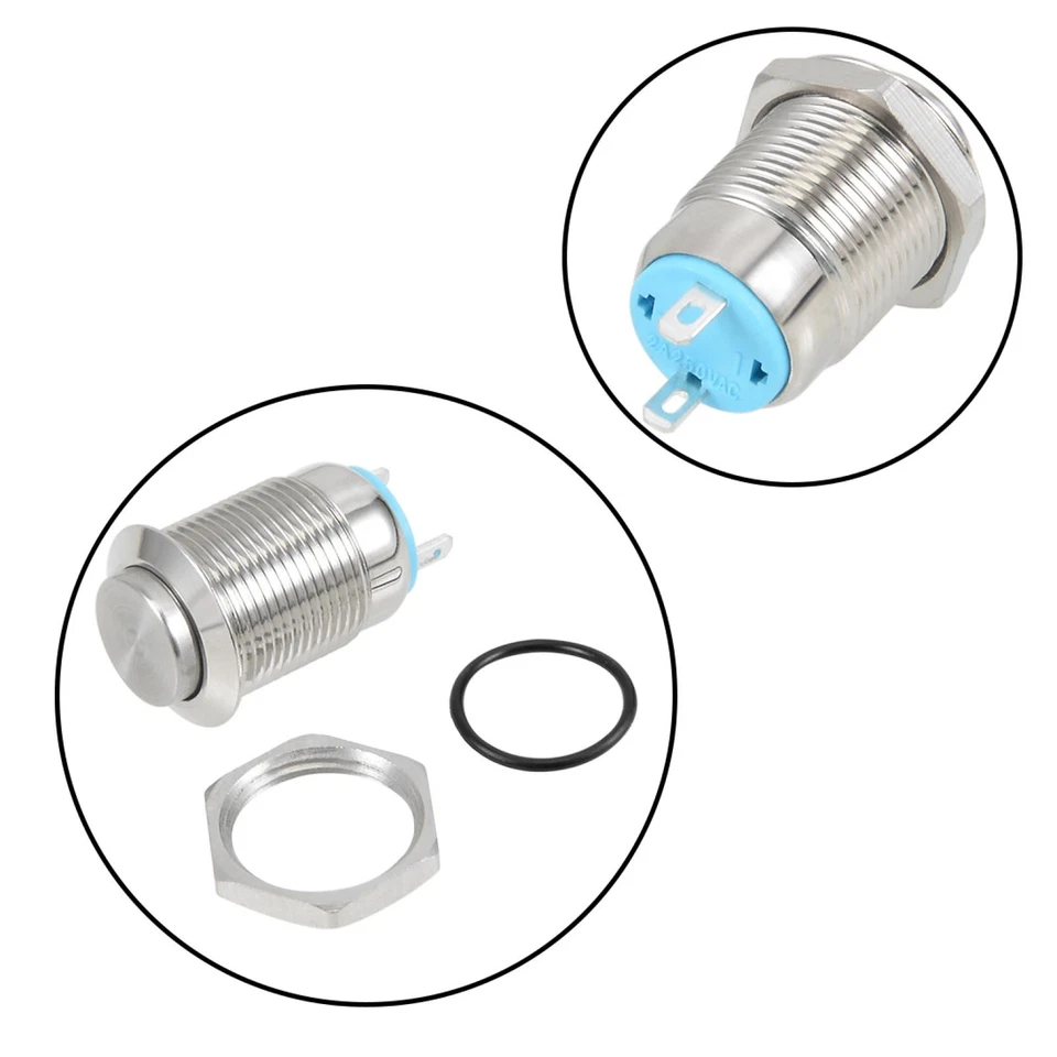 Momentary Metal Push Button Switch 12mm Mounting Dia 2A SPST 1NO 2P High Flat Foto 2 de 4