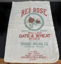 Vintage Red Rose Rolled Oats Wheat Sack Bag Triangle Milling Portland 9 LBS