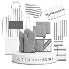 20 PCS Kitchen Towel Dishcloth Set Oven Mitt Pot Holder Apron Grey Essential