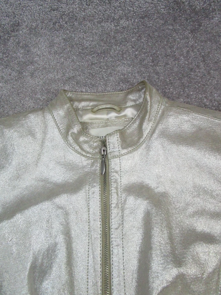 Chaqueta White House Black Market para mujer mediana de cuero marfil cremallera completa * Foto 2 de 4