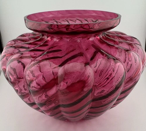 Vintage Fenton Cranberry Glass Spiral Optic Swirl Collared Vase 6.5 Inches Tall