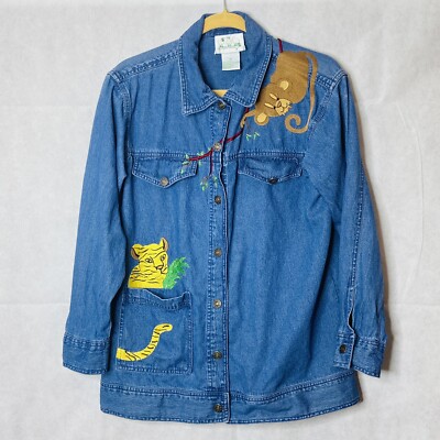 Quacker Factory Denim Blue Jacket Embroidered Wild Animals