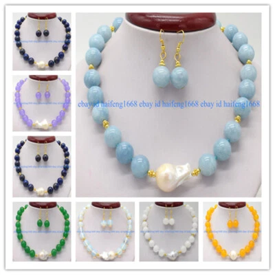 Natürliche 14mm Runde Edelstein & Weiß Barock Perle Halskette Ohrringe Set 18" - Bild 1 von 4