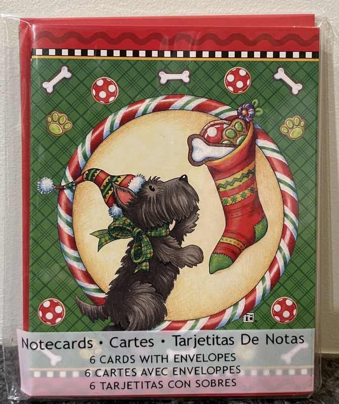 Pkg. of 6 Mary Engelbreit Christmas Notecards/Envelopes-Scottie Dog w/Stocking