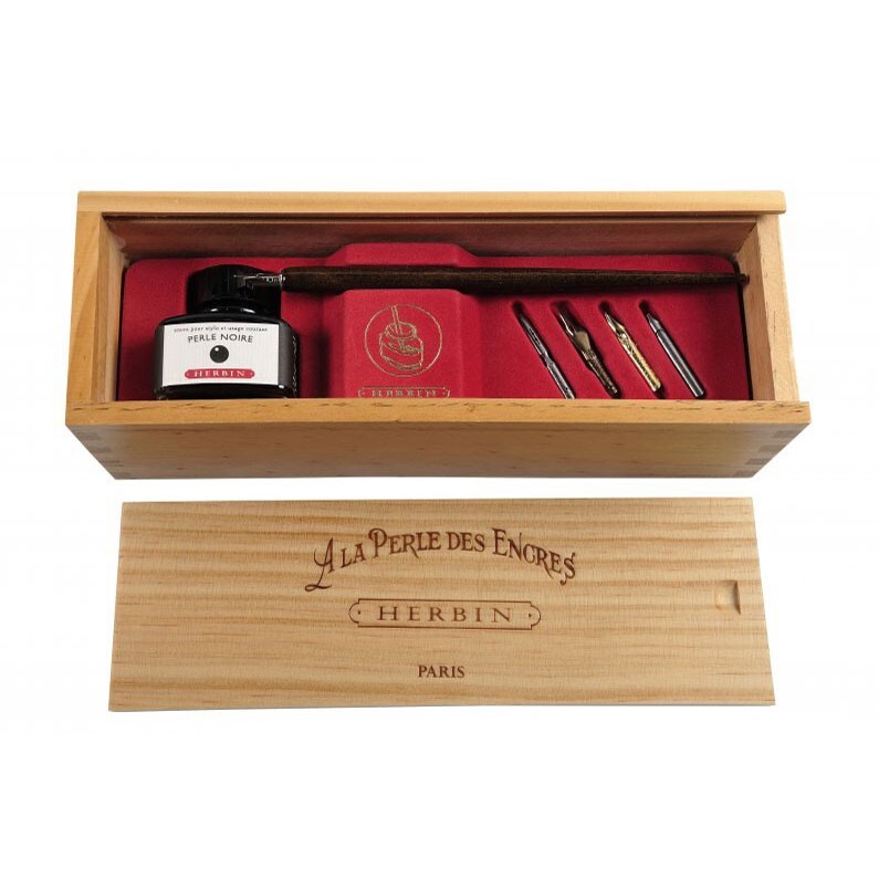Coffret calligraphie Herbin bois de hêtre et encre noire premium