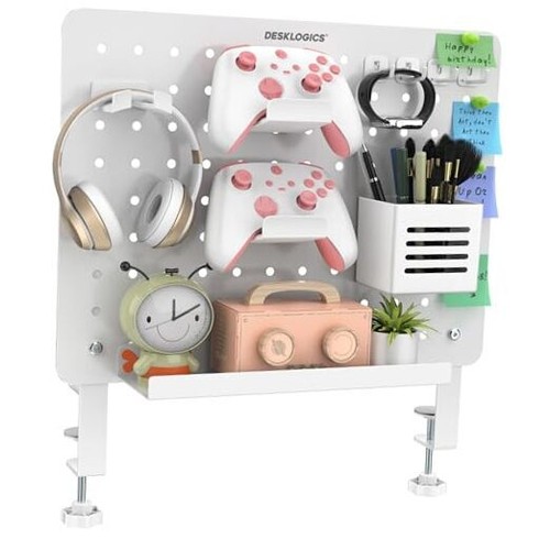 Clamp-on Desk Pegboard, Steel Desktop Organizer Magnetic Metal Peg Board White