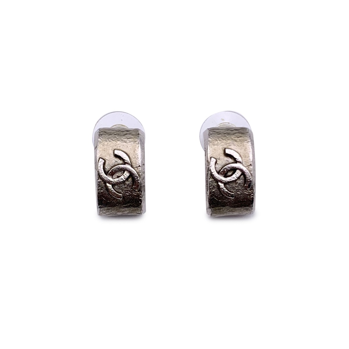 Authentic Chanel Silver Metal Semi Hoop CC Logo Earrings