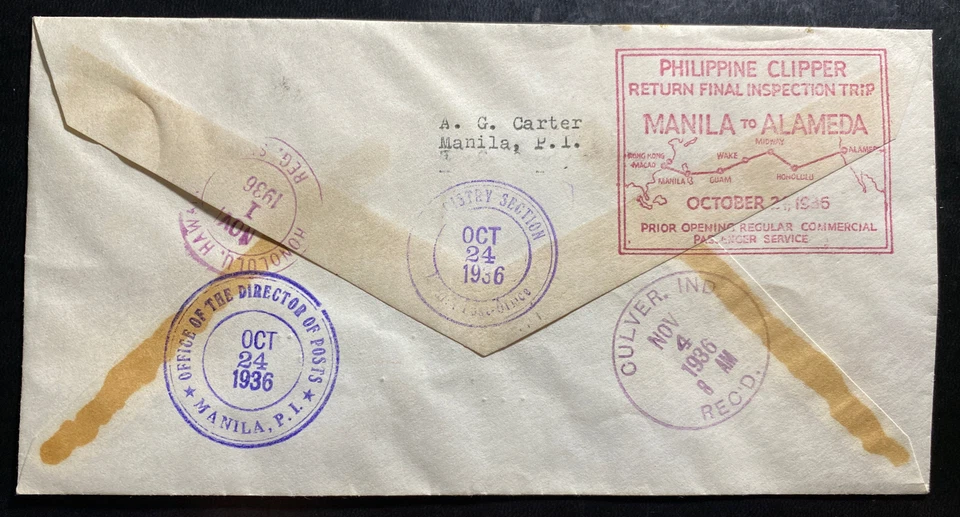 1936 Manila Filipinas correo aéreo inspección final viaje cubierta a Culver en Estados Unidos Foto 2 de 2