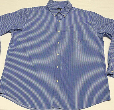 Chaps Button Down Nylon Business Shirt Men XL Blue White Stripe Stretch Comfort 