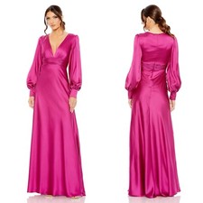 NEW Mac Duggal Charmeuse Bishop Sleeve V Neck Gown Maxi Dress Magenta Size 2