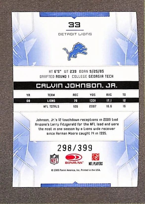 2009 Donruss Limited #33 Calvin Johnson Jr /399 - Image 2 of 3