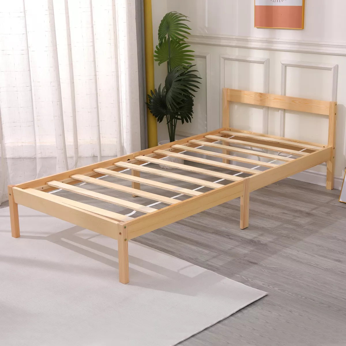 Solid Wooden Bed Frame Pine Wood or White Headboard Includes Slats Single Double