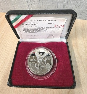 1989 MEXICAN PROOF LIBERTAD 1 OZ PLATA/ARGENTO PURA .999 senza punto ha scatola e certificato di autenticità