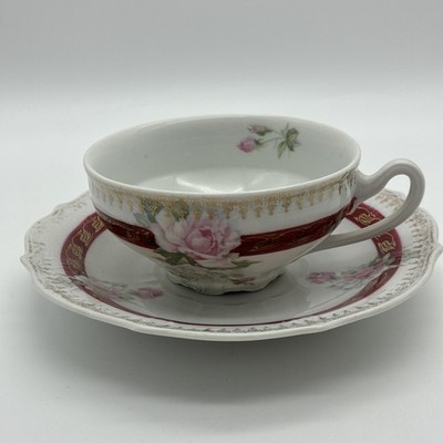 Antique 1900s Carl Tielsch (CT Germany) Cup&Saucer 22045 Maroon&Gold Pink Rose