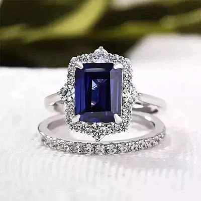 3.00Ct Emerald Lab-Created Sapphire Halo Bridal Set Ring 14K White Gold Plated