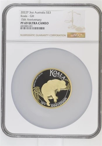 Australia 2022 P Koala 15th Anniversary 3oz Silver Gilt $3 Coin NGC PF69