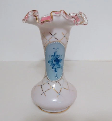 Fenton Charleton Floral Vase Ruffled Top 8" tall Hand Painted blue flower