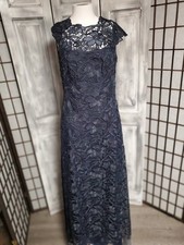 Tadashi Shoji Lace Overlay Broderie Anglaise Lace Maxi Dress Gown Navy Sz 6 READ