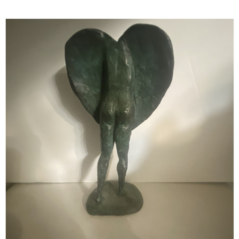 Abstract Modern Metal Heart Sculpture Figurine on Legs, Green/Bronze Patina