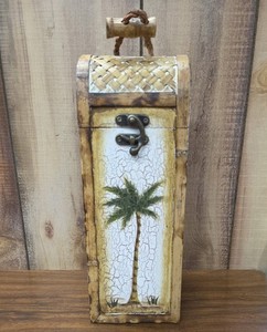 Vintage Wine Storage Box Wooden Palm Tree / Tropical Single Bottle Secure Clasp