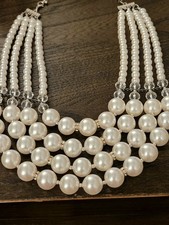 Multi-Strand White Imitation Pearl Bib Statement Necklace Crystal Beads