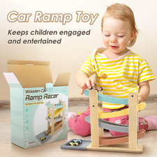 Wooden Car Ramp Toy for 1-2 Year Old Boys & Girls Click Clack Track with 4 Mini