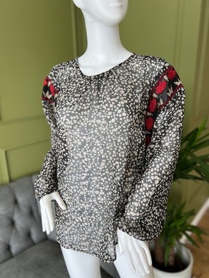 Hush top Size 8 black/multi embroid/bead trim semi sheer long sleeve layering 