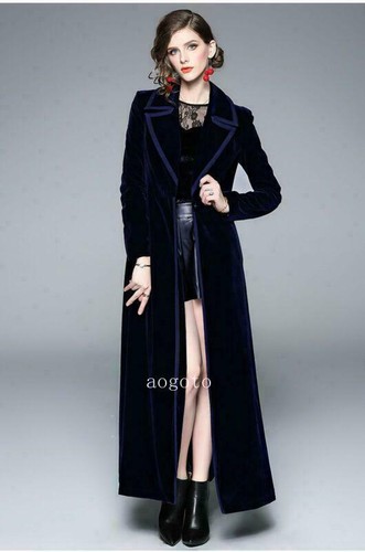Womens Ladies Luxury Long Velvet Coat Notch Collar Trench Coat Overcoat Formal - 第 8/14 張圖片