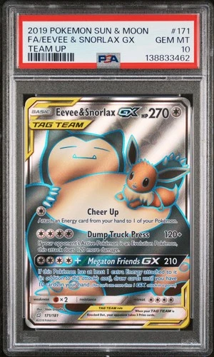2019 POKEMON SUN & MOON TEAM UP #171 FULL ART/EEVEE & SNORLAX GX PSA 10
