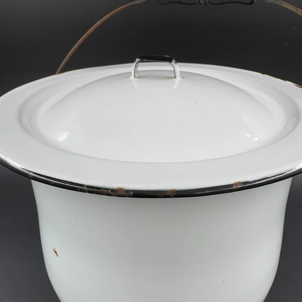 Olla de cámara esmaltada con tapa Cottagecore rústica del viejo mundo granja país 2 piezas Foto 3 de 4