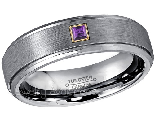 0.05ctw Princess Cut Amethyst Ring, 6mm Brushed Tungsten Wedding Band #008 - Picture 4 of 5