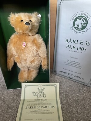 Vintage große Steiff Bär Barle 35 PAB 1905 Replik weiße Ohrmarke 45 cm. Neu, COA