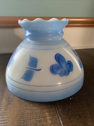 Vtg. Hand Painted Milk Glass with Blue Flowers Hurricane or Oil Lamp Shade 8”
