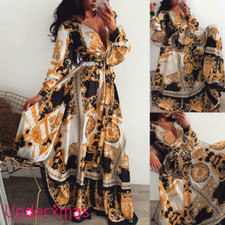 Womens Boho V-neck Long Sleeve Maxi Dress Ladies Holiday Party Wrap Sundress UK