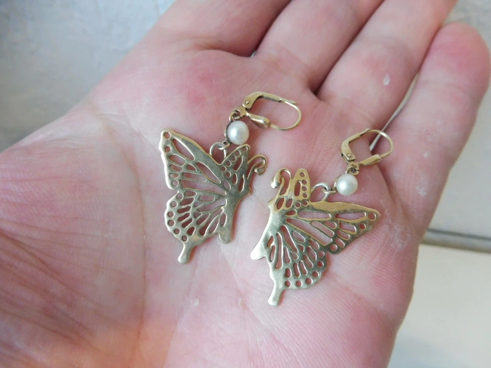 Belle Orecchini (Orecchini A Goccia), 925 Argento Placcato Oro, Perle, Farfalle - Immagine 2 di 3