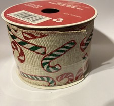 2 1/2 x 20Ft Wired Edge Ribbon . Red Green Candy Canes On Burlap. Christmas