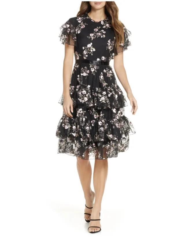 Rachel Parcell Floral Embroidered Tiered Mesh Dress: Size XL, Black Rachel Parcell Floral Embroidered Tiered Mesh Dress: Size XL, Black