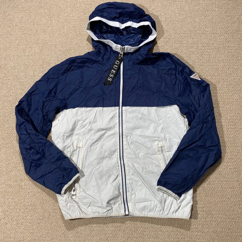 Guess Jacket Mens Medium Navy White Shell Windbreaker Hooded USA