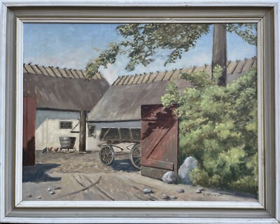 Oil Painting Rural Farm Chickens Water Pump Wooden Cart