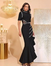 Vestito Elegante Nero Lungo Con Strass Taglio Irregolare Cerimonia Sera CF65398