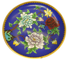 VINTAGE ORNATE FLOWERS FLORAL CLOISONNE ENAMEL BRASS DISH PLATE