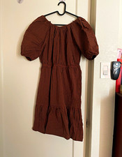 Women’s Brown/Black Gingham Midi Dress Square Neck Puff Sleeve Ruffle S