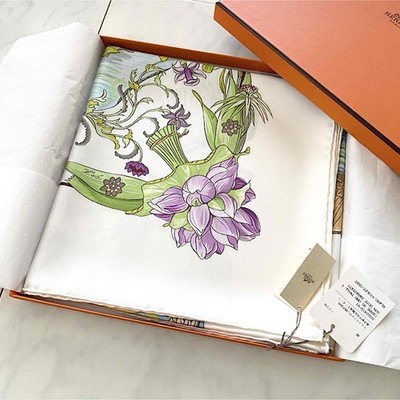 Hermes Scarf Stole Sarasvati White Floral Goddess Zoe Pauwels Silk